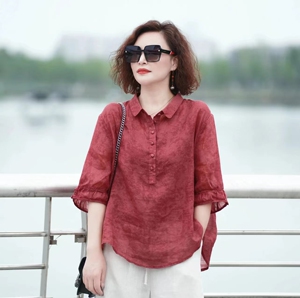 100%纯苎麻翻领套头衬衫女夏季新款文艺宽松百搭时尚五分袖上衣薄