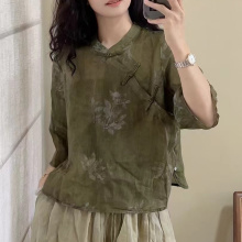 100%纯苎麻印花斜襟立领盘扣复古衬衫棉麻女装短款禅意亚麻上衣夏