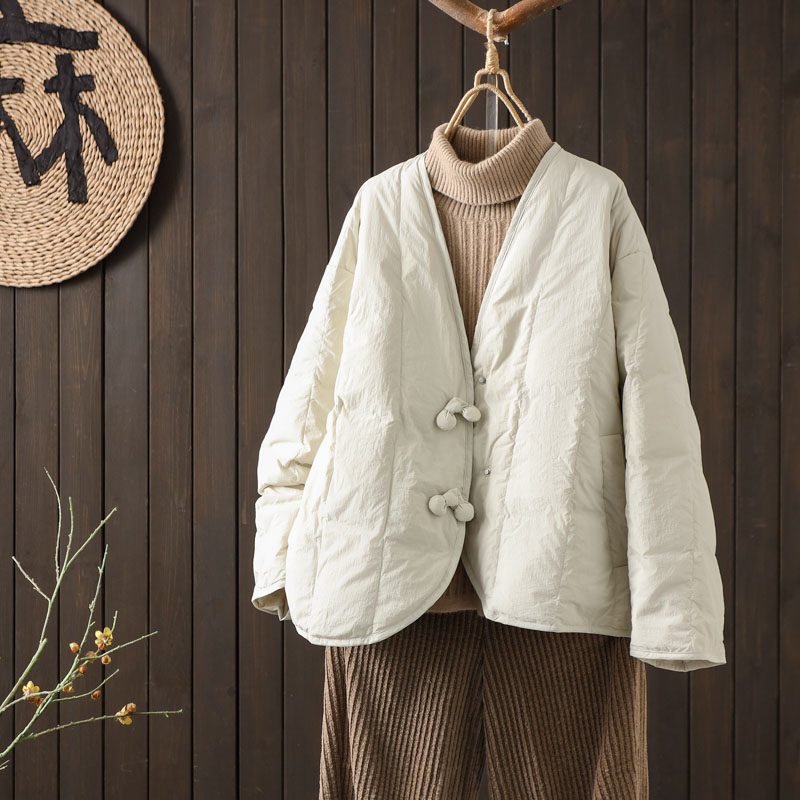 汉元素羽绒服女新国标90白鸭绒樱桃布扣气质V领宽松显瘦洋气外套