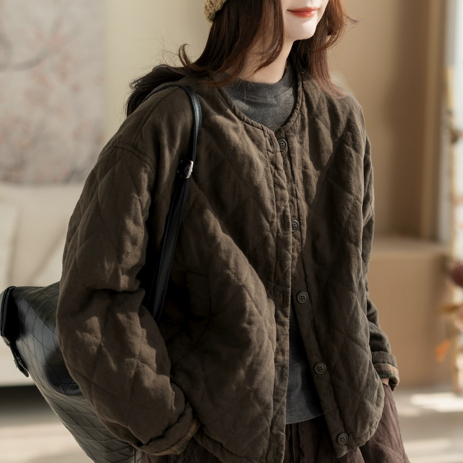 女装时尚百搭通勤棉衣100%亚麻