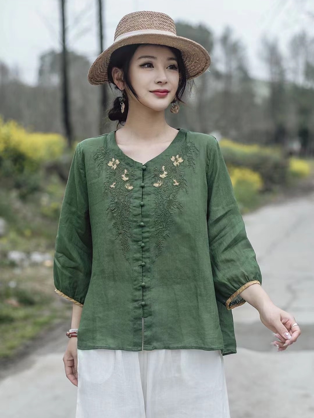 文艺单排扣五分袖苎麻衬衫上衣女