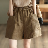 新款 直筒裤 复古高支亚麻裤 显瘦休闲裤 夏 女松紧腰阔腿短裤 2025夏季