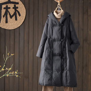 宽松收腰连帽白鸭绒过膝加厚外套 羽绒服女中长款 2024冬季 新款 韩版