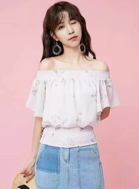 包邮 紫色碎花女上衣吊牌269元印花一字领收腰修身短袖雪纺衬衫女