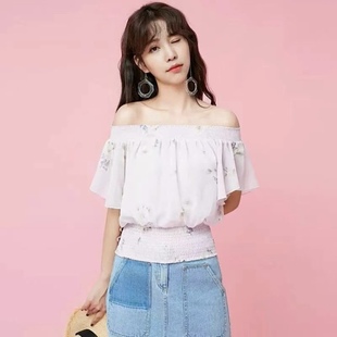 包邮 雪纺衬衫 紫色碎花女上衣吊牌269元 短袖 女 印花一字领收腰修身