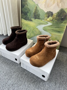 平底丑萌保暖棉靴女靴雪地靴 小暖炉真皮加绒205冬复古毛毛鞋 包邮