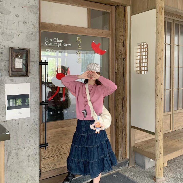 不含腰带官方161百搭复古洗水做旧牛仔伞裙夏女高腰百搭长款分割