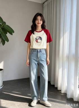 注意洗涤方式！天猫109红白撞色猫咪印花女半袖棉质舒服休闲百搭