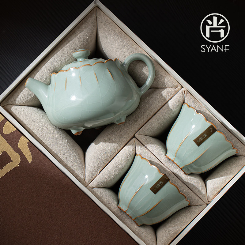 汝窑茶壶茶杯套装轻奢高档柏彩釉功夫茶具套组家用泡茶壶送礼礼盒