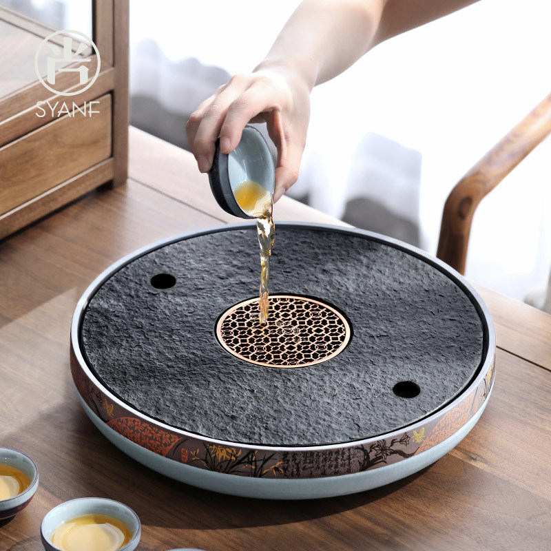 陶瓷乌金石茶盘家用2025新款茶具圆叛盘托 托盘石盘小茶台储水小