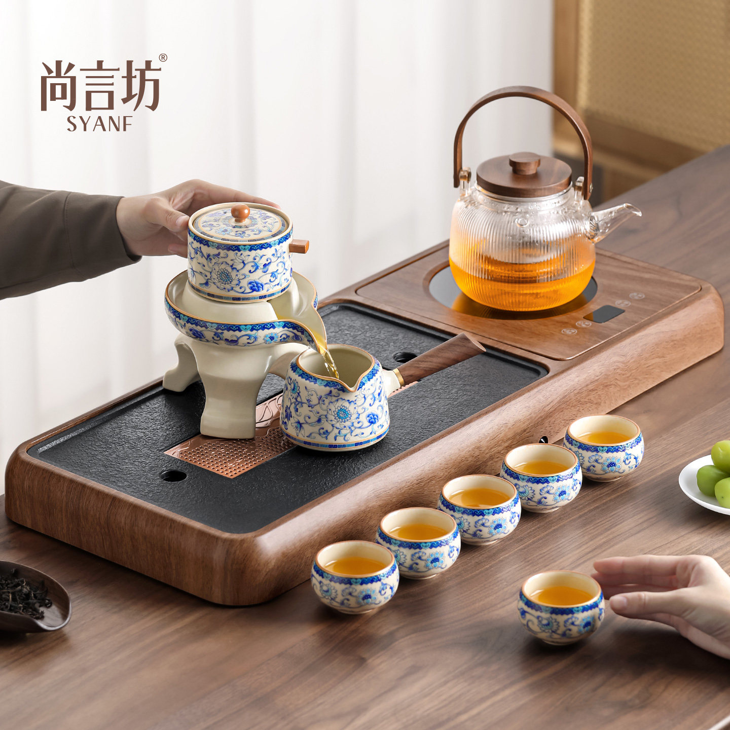 自动泡茶壶功夫茶具茶盘套装青花自动烧水壶一体茶盘泡茶专用茶杯