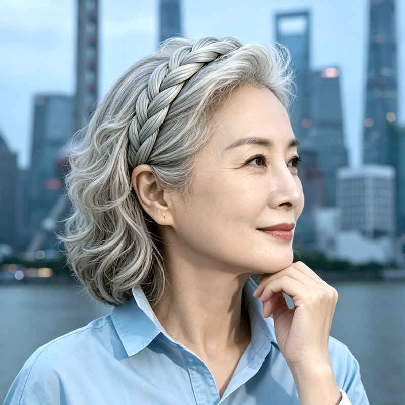 奶奶灰假发发箍女细头箍麻花辫图片