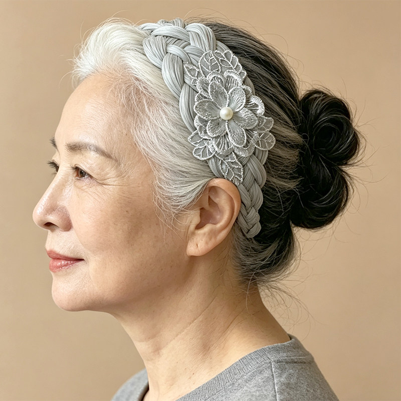 老人白发头箍白色高颅顶发箍压发头饰蕾丝假发宽边麻花辫妈妈发卡