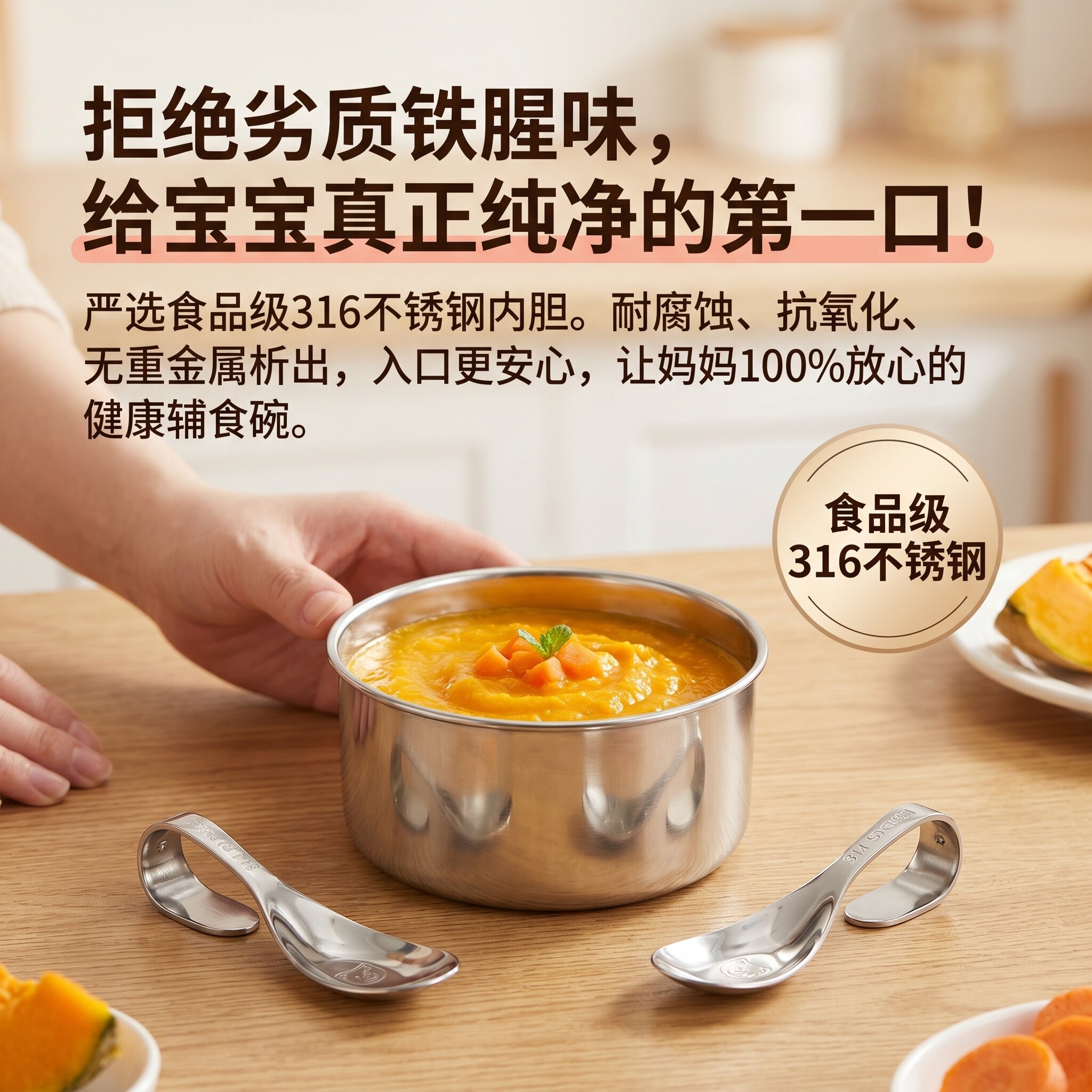 新款316不锈钢辅食碗带硅胶吸盘保鲜防滑宝宝喂养家用食品级可爱