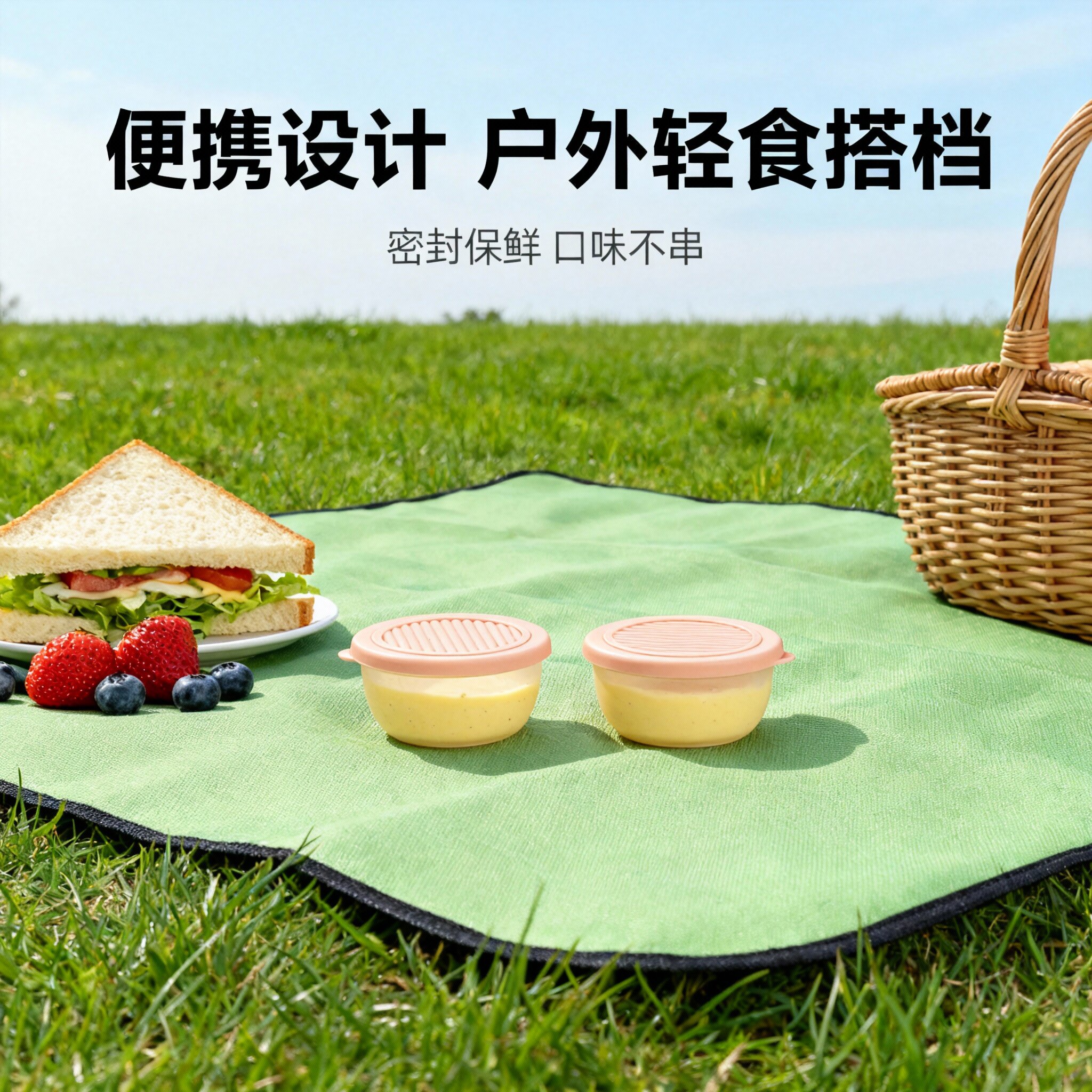 密封保鲜盒西柚粉PE+PP便携ins风户外野餐家用轻食辅食分装