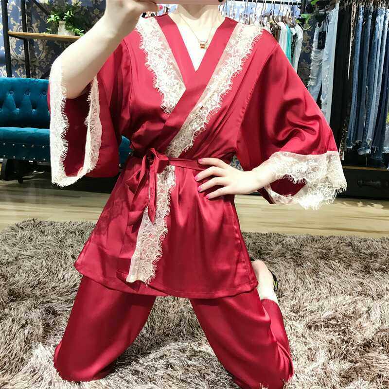 睡衣女秋长裤吊带长袖冰丝睡袍三件套装 带胸垫睫毛蕾丝家居服
