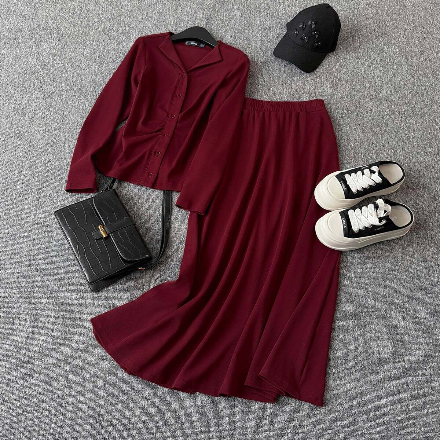 欧货休闲时尚套装裙女春款设计感修身褶皱长袖上衣半身长裙两件套