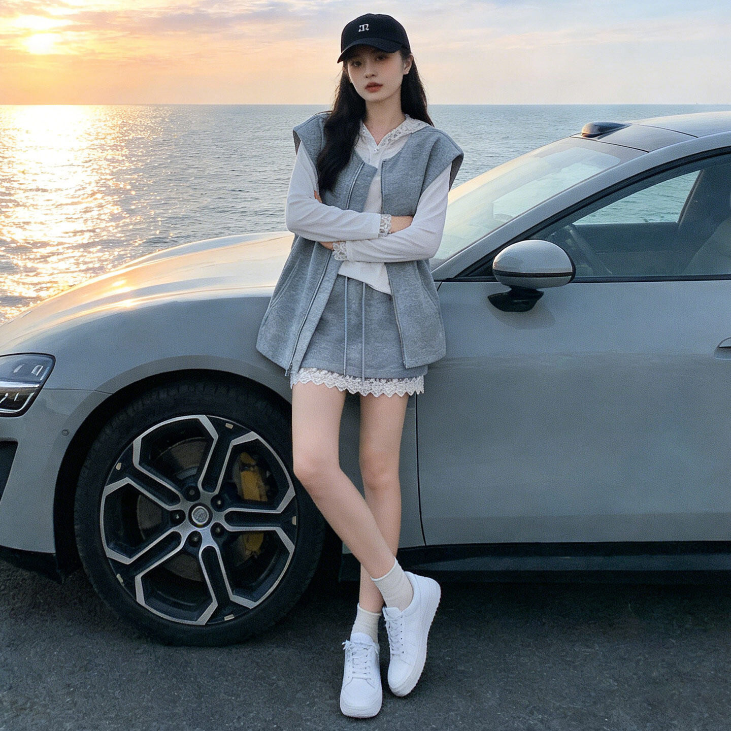 女短裙春季新款运动休闲套装减龄马甲外套连帽T恤蕾丝花边裤裙