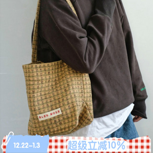 南瓜 BLEU 芝麻 ROSE 原创毛呢格子帆布袋单肩包复古水桶包