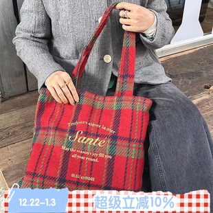 Holiday ROSE 新年红格纹帆布袋大容量收纳旅行包圣诞 BLEU