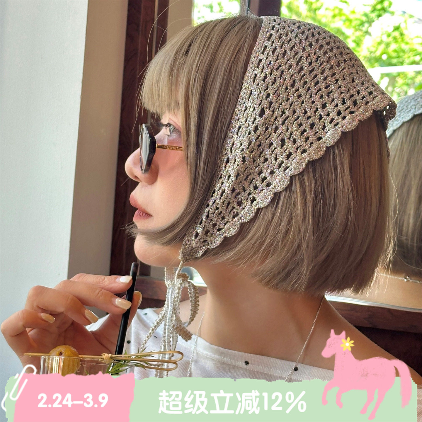 BLEU et ROSE【blingbling】原创手工钩针度假三角巾发带头巾法式