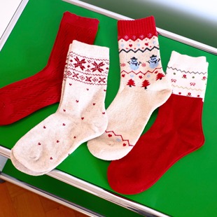 新年红 ROSE 秋冬圣诞红袜子保暖柔软羊毛中长加厚女袜 BLEU