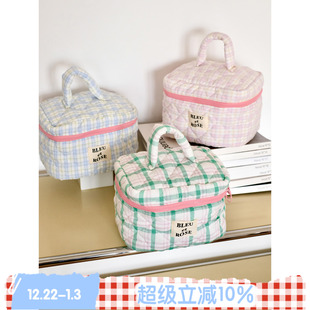 大耳朵 ROSE 原创格纹立体化妆包收纳大容量手提袋ins BLEU