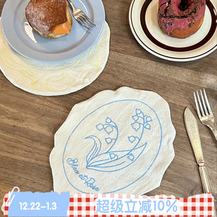 原创复古法式 BLEU 南法假日 ROSE 亚麻杯垫茶巾餐垫手工刺绣