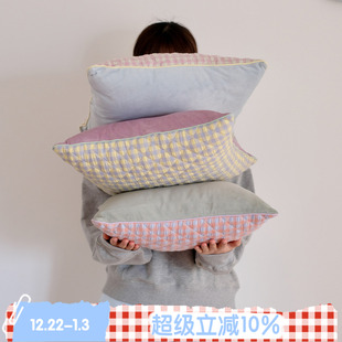 软fufu ROSE 原创韩系格子抱枕纯棉绗线拼接沙发枕套 BLEU