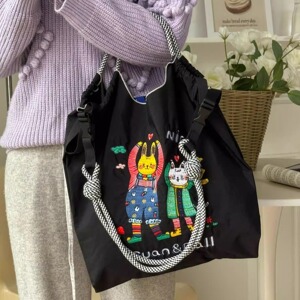 日本代购ballchain刺绣兔子与猫环保帆布手提单肩购物袋通勤女包
