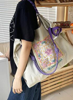 日本代购ballchain刺绣彩色腰果花环保帆布购物袋大容量通勤包包