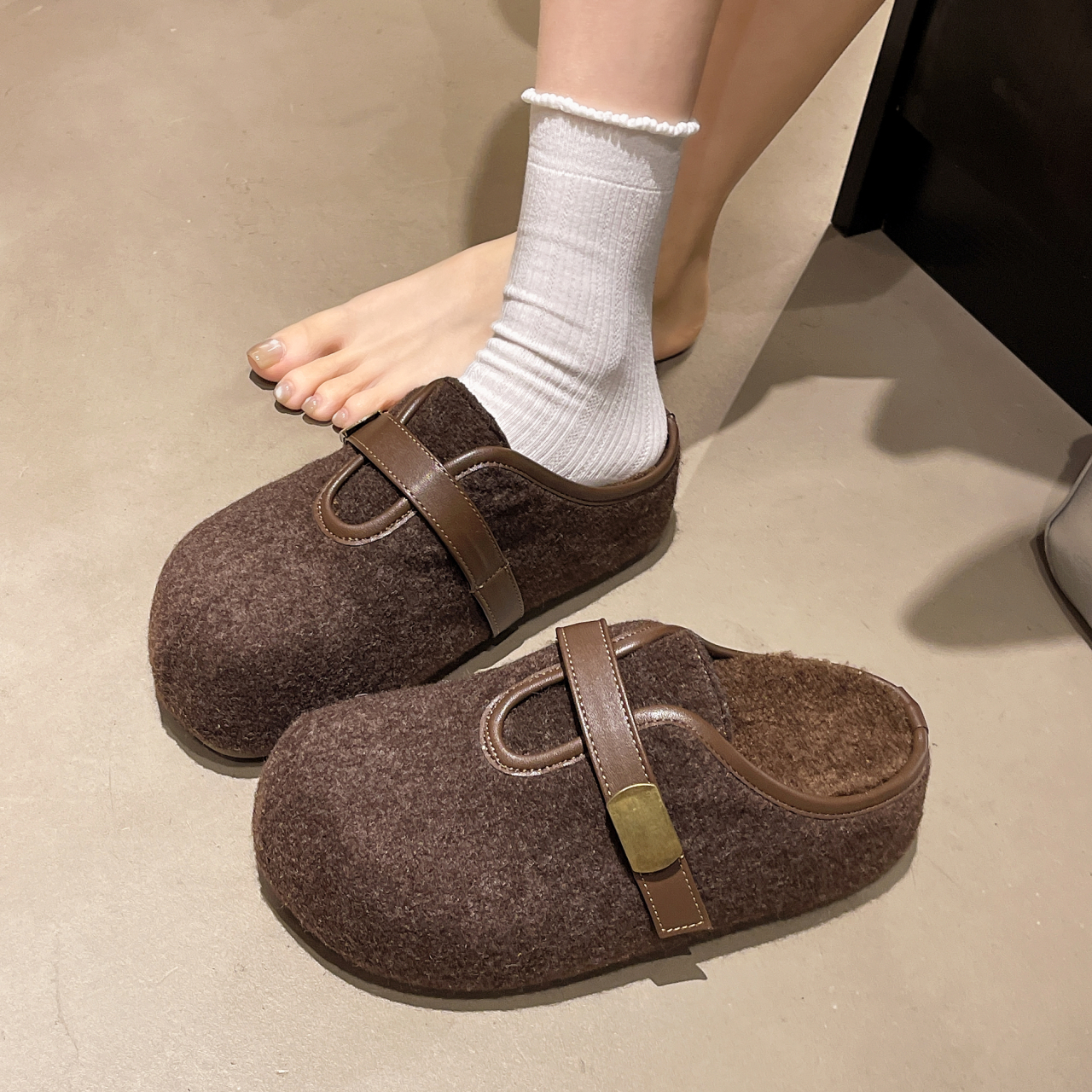 厚底半包头加绒勃肯鞋外穿毛毛鞋