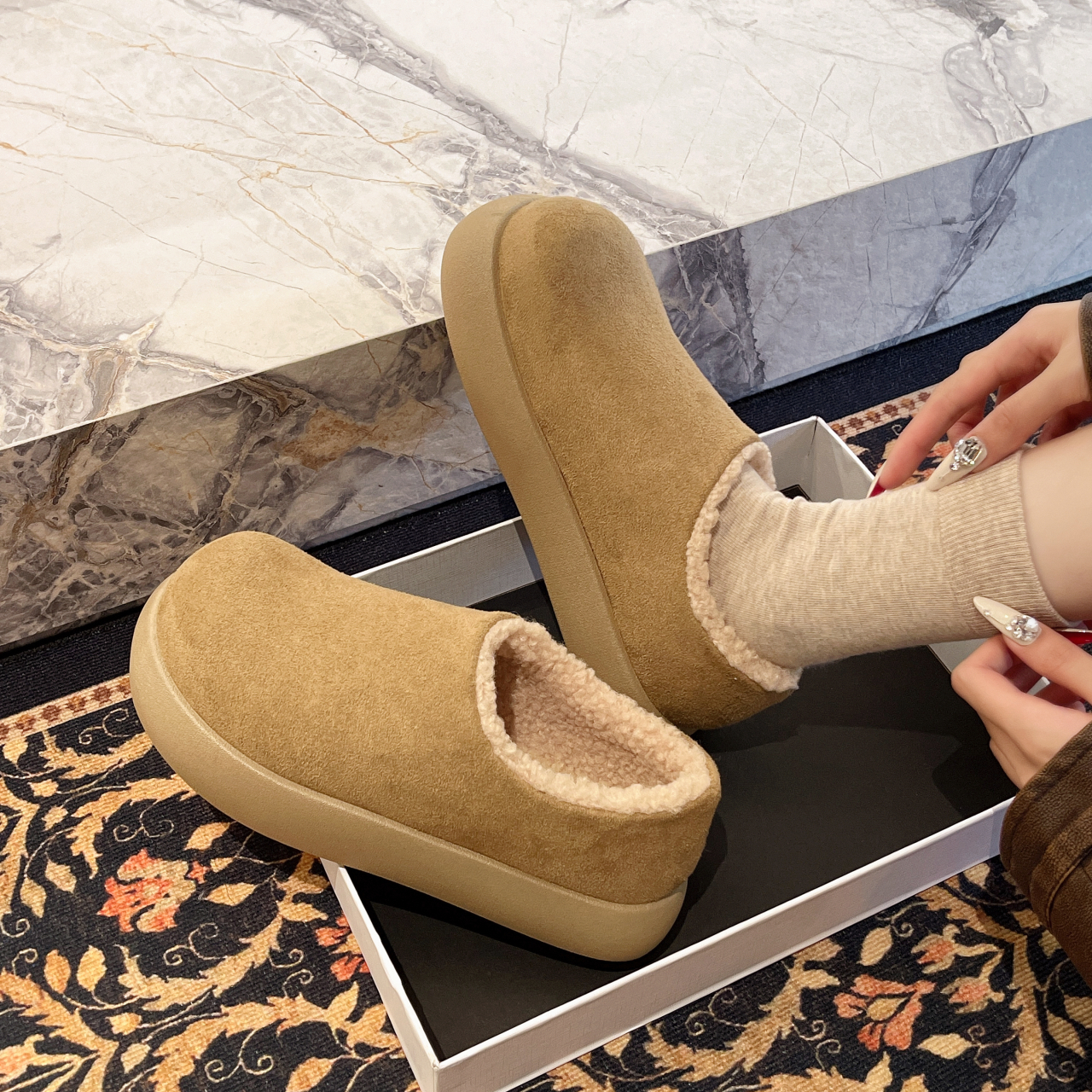 加绒裸靴毛毛鞋勃肯鞋一脚蹬棉鞋