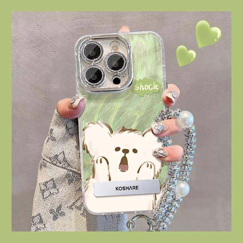 适用苹 果15promax手机保护壳新款轻奢14plus创意电镀羽纱惊讶小狗iPhone13矽胶12卡通可爱女款11防摔保护套