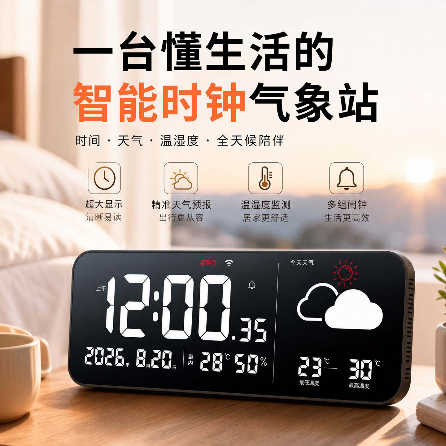 LED大屏电子挂钟万年历时钟温湿度静音夜光台钟客厅家用挂钟HW600
