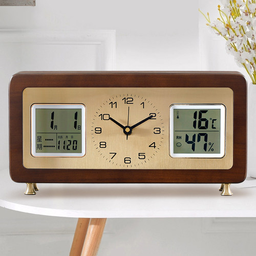 汉时座钟万年历温湿度显示实木钟