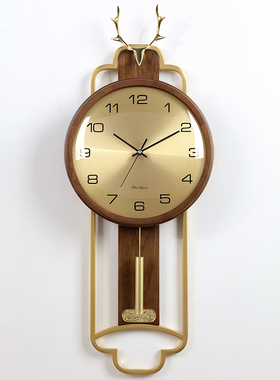 新中式实木挂钟表客厅金属静音挂表壁挂静音黄铜鹿头石英钟HP0702