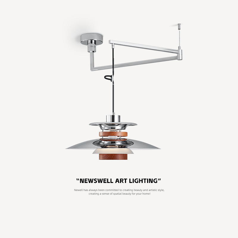 中古风餐厅吊灯ph5飞碟护眼复古胡桃木纹色可位移摇臂餐桌饭厅灯