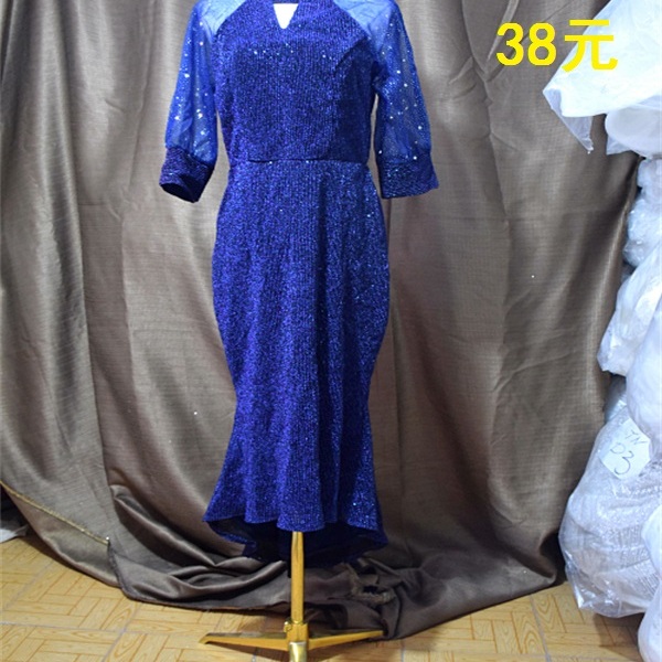 包邮二手婚纱礼服蓝色短袖韩版晚礼服打折清仓特价显瘦演出服长款