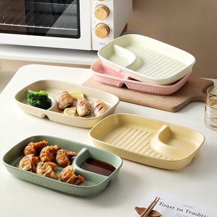 oktree饺子盘水饺盘儿童餐盘陶瓷沥水饺子盘带醋碟家用新款陶瓷盘