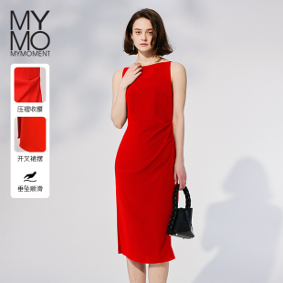 新款 连衣裙朗黛夏季 MYMO红色无袖 开叉包臀长裙145M 商场同款