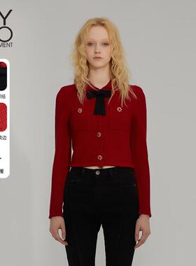 MYMO法式复古红色针织开衫女25年春新款朗黛气质百搭短款毛衣910M