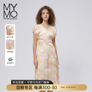 气质收腰中长裙272N 25年夏新款 MYMO印花吊带包袖 连衣裙朗黛专柜款