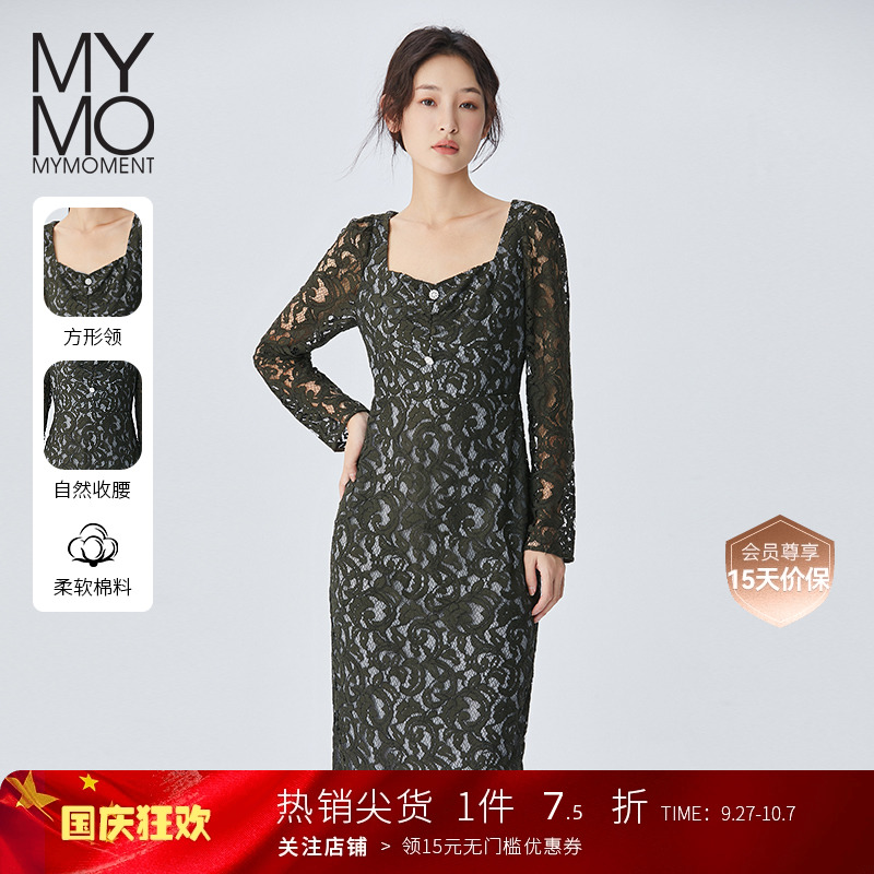 MYMO优雅重工蕾丝修身长袖连衣裙