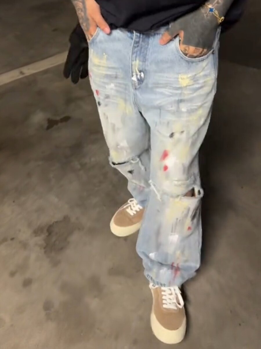 플러스 사이즈 남성 의류 남성 틈새 스플래시 디자인 워싱 찢어진 넓은 다리 바지 그래피티 디스트레스드 루즈 스트레이트 청바지