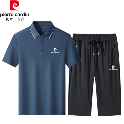 皮尔卡丹夏季中年男薄款冰丝套装
