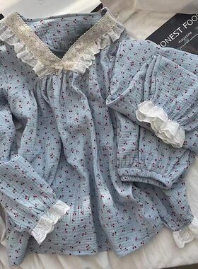 日系ins睡衣女生款秋季套头新款长袖家居服休闲两件套装蕾丝樱桃