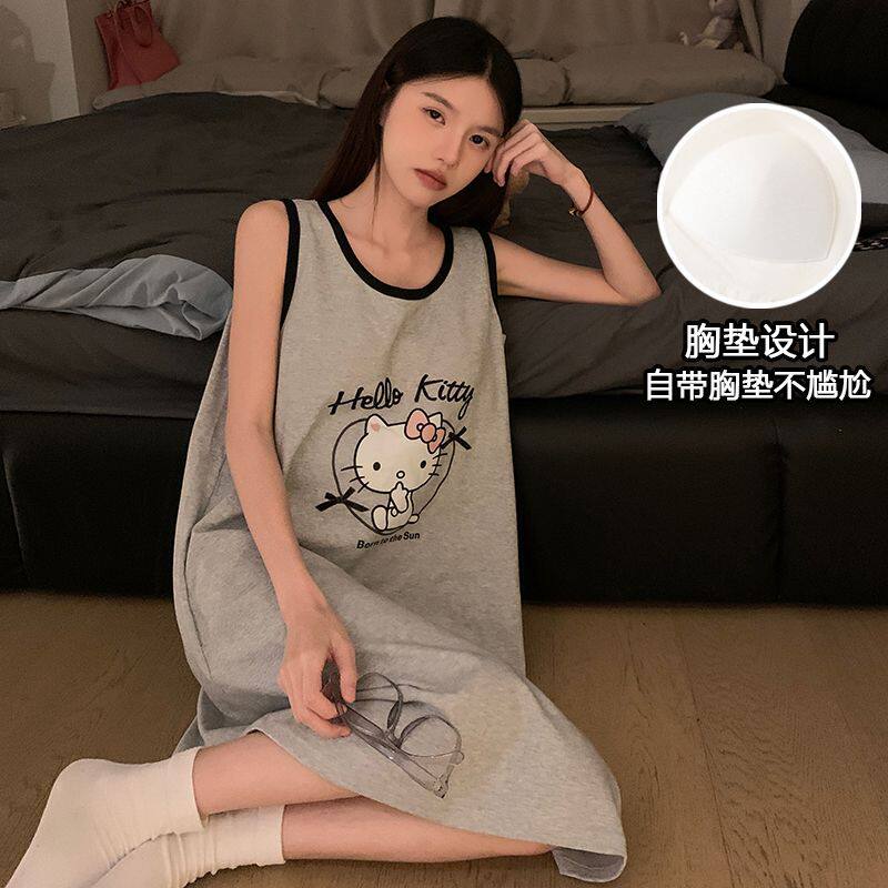 睡裙女韩版ins吊带带胸垫睡衣中长款卡通无袖家居服卡通甜美风