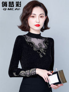 品牌黑色蕾丝打底衫女2026年秋冬款新款加绒网纱上衣洋气内搭T恤