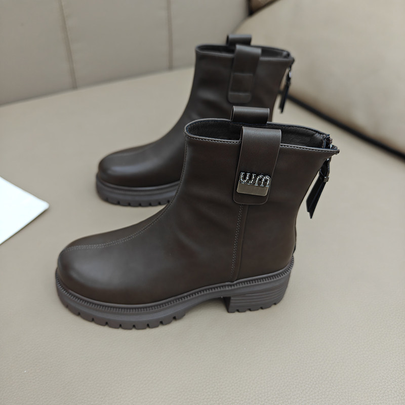 马丁靴女2024冬季新款英伦风短靴厚底法式粗跟小裸靴百搭切尔西靴